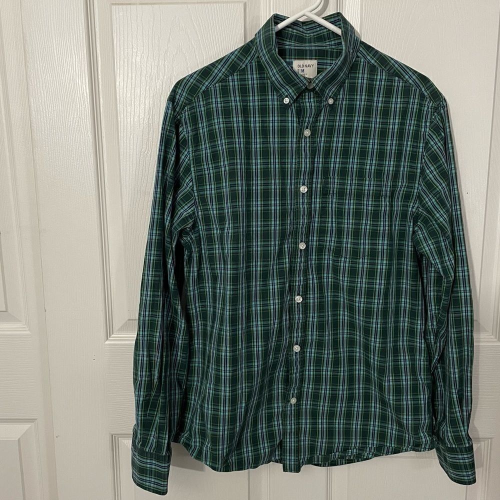 Old Navy Green Plaid Button Down Collar Button Down Mens Shirt, Medium